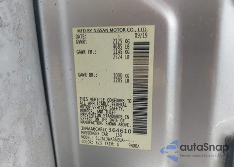 2020 Nissan Maxima Sv Xtronic Cvt z USA, uszkodzony, nr VIN 1N4AA6CV8LC364610